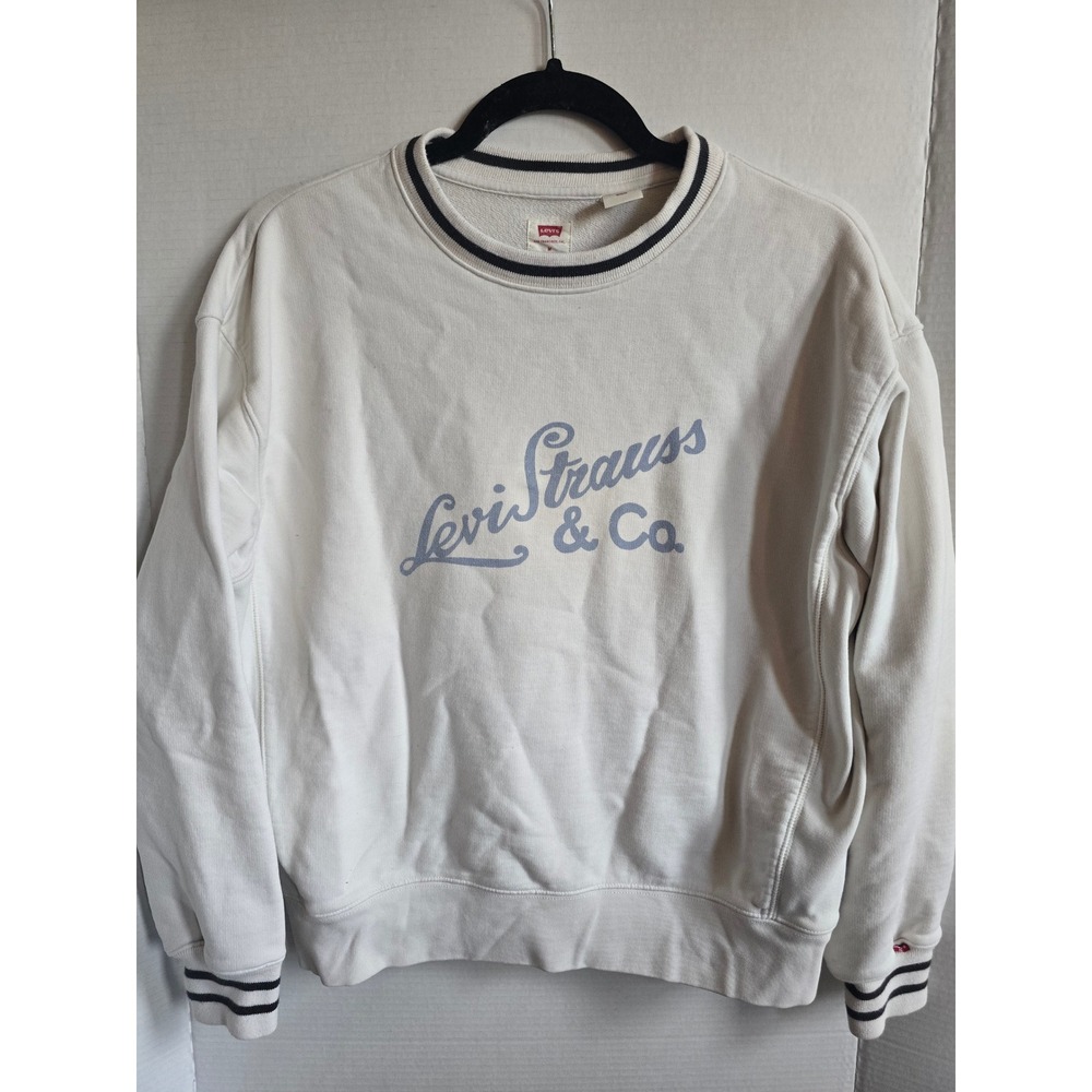Levi Strauss & Co. Cream Crewneck Sweatshirt Varsity Trim Blue Graphic Size M